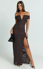 Alessia Maxi Dress - Off Shoulder Ruched Bodycon Dress in Chocolate