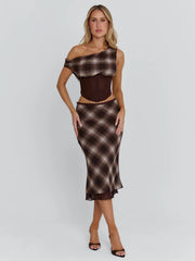Vyorix NARELLE MIDI SKIRT BROWN CHECK