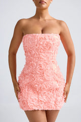 Floral-Appliqué Bandeau A-Line Mini Dress in Coral