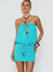 Upper Echelon Draped Strapless Mini Dress Cyan