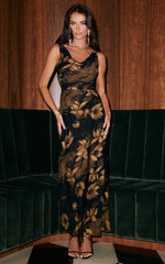 Dara Midi Dress - Low Neck Sleeveless Slip Dress in Amber Floral Print