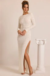 Kateproms Embellished Long Sleeve Backless Maxi Dress in White