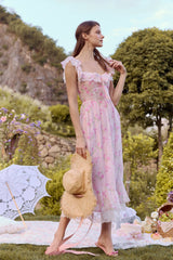 Anya Tecel Lace Floral Midi Dress in Pink