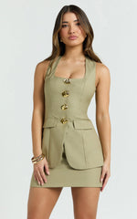 Phyllis Two Piece Set - Tailored Scoop Neck Vest Top and A Line Mini Skirt Set with Gold Buttons in Sage