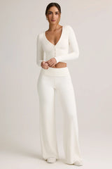 Modal Ribbed Foldover Wide-Leg Trousers in White