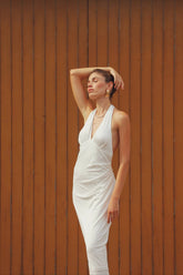Pleated Backless Halter Dress | White