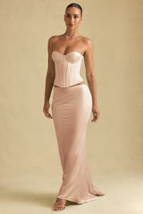 Draped Low-Rise Maxi Skirt in Beige Gold