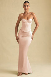 Draped Low-Rise Maxi Skirt in Beige Gold