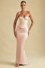 Draped Low-Rise Maxi Skirt in Beige Gold
