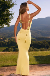 Slinky Jersey Floral-Appliqué Gown in Pastel Yellow