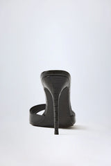 Almond-Toe Heeled Mules in Croc Patent Black