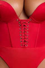 Satin Plunge Neck Lace Up Corset Bodysuit in Fire Red