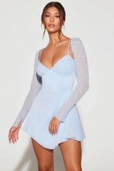 Embellished Long Sleeve Angled Hem Mini Dress in Blue