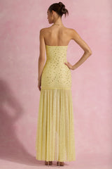 Semi-Sheer Embellished Asymmetric Maxi Dress in Yellow