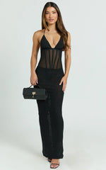 Roselyn Maxi Dress - Halter Neck Corset Waist Column Dress in Black
