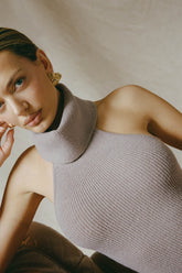 Ribbed-Knit Turtleneck Backless Top in Taupe