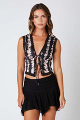 Satin Floral Print Tie Up Top