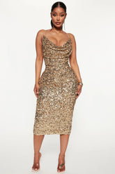 You Wish Sequin Midi Dress - Gold