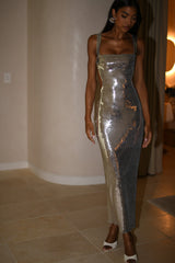 Adoria Sequin Cut Out Maxi Dress - Silver