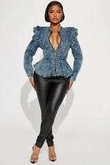 Denim Queen Peplum Jacket - Medium Blue Wash