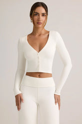 Modal Ribbed Cropped Cardigan in White