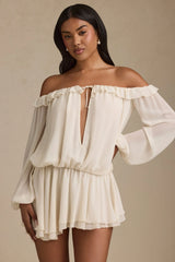 Off-Shoulder Asymmetric Balloon-Sleeve Mini Dress in Ivory