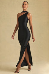 Kateproms Asymmetric Scarf-Detail Maxi Dress in Black