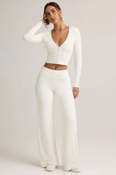 Modal Ribbed Foldover Wide-Leg Trousers in White