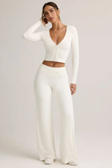 Modal Ribbed Foldover Wide-Leg Trousers in White