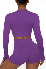 Long Sleeve Zip Crop Top in Purple