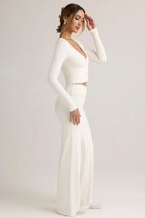 Modal Ribbed Foldover Wide-Leg Trousers in White