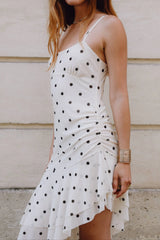 Asymmetric Frill Midi Dress | Ivory Polka