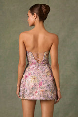 Embellished Convertible Lace-Up Gown in Floral Pink
