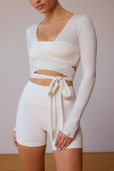 Long-Sleeve Wrap Crop Top in Soft White
