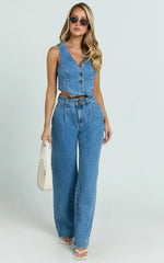 Fergie Jeans - Denim High Waisted Straight Leg Denim Jeans in Mid Blue Wash