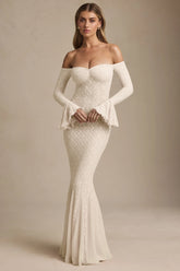 Off-Shoulder Ruffle Lace Maxi Dress in Ivory