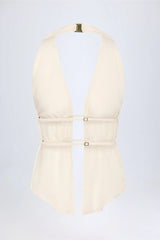 Cut-Out Semi-Sheer Ruched Halterneck Crop Top in Ivory