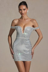 Embellished Off-Shoulder Mini Dress in White