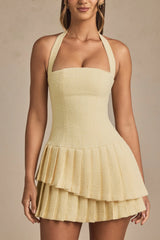 Asymmetric Layered Halterneck Mini Dress in Pastel Yellow