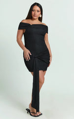 Svetlana Mini Dress - Textured Jersey Off Shoulder Draped Dress in Black