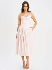 Zania Pink Stripe Ruched Breast Cotton Jacquard Midi Dress