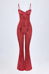Lace-Up Ruffled Flared Jumpsuit in Red Print