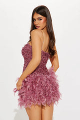 Zoey Feathered Sequin Mini Dress - Mauve