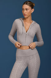 Cable Knit Zip-Up Hoodie in Grey Marl