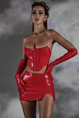 Vinyl Thigh Split Micro Mini Skirt in Red
