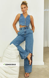 Fergie Jeans - Denim High Waisted Straight Leg Denim Jeans in Mid Blue Wash