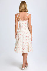 Bow-Detail Lace-Trim A-Line Midi Dress in Small Rose Print