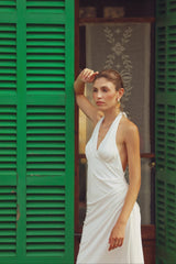 Pleated Backless Halter Dress | White