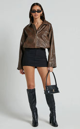 Sophia Jacket - Crop PU Bomber Jacket in Brown