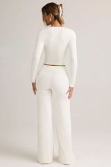 Modal Ribbed Foldover Wide-Leg Trousers in White